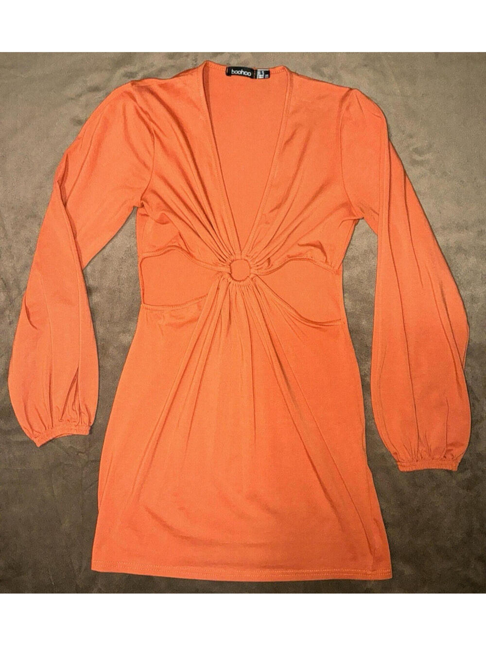 Orange Boohoo long sleeve cut out fitted dress Sz 4 Party Clubbing UK made